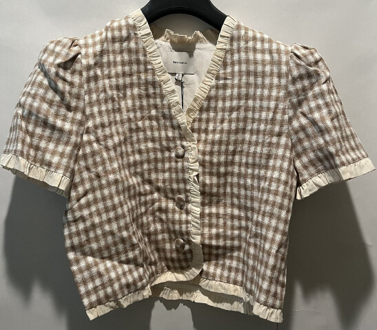 REFORMATION WOMENS BESS LINEN DUNE CHECK SHORT SLEEVE BLOUSE M 1315368DUK00M