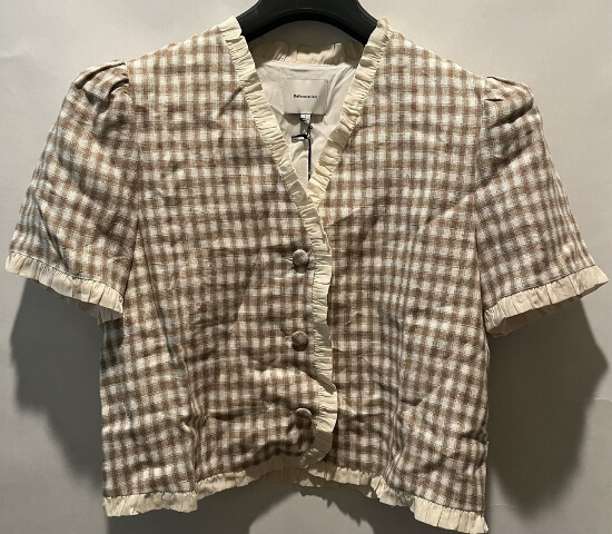 REFORMATION WOMENS BESS LINEN DUNE CHECK SHORT SLEEVE BLOUSE L 1315368DUK00L