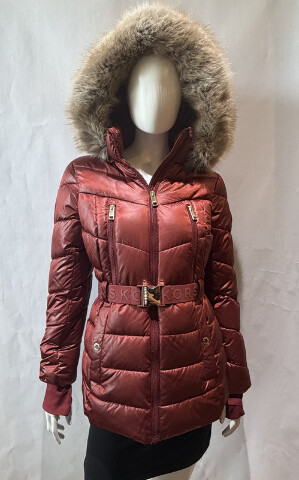 MICHAEL KORS WOMEN'S FAUX FUR TRIM BELTED PUFFER JACKET COLOR CHERRY SIZE XS