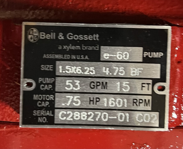 BELL & GOSSETT SERIES E-60 4.75 BF 1.5X6.25 .75HP 1800 IN-LINE CENTRIFUGAL PUMP