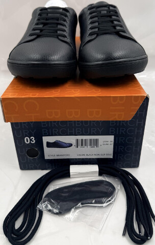 BIRCHBURY BRAMFORD MENS SIZE 14 BLACK WIDE TOE BOX BAREFOOT LEATHER SNEAKERS