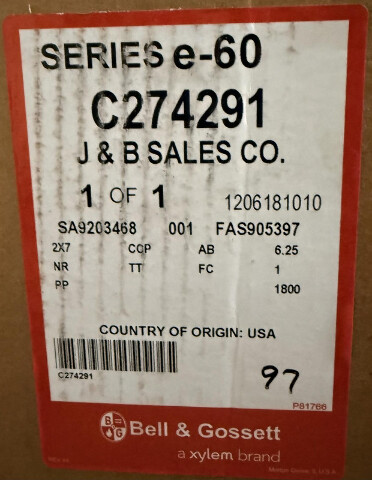 BELL & GOSSETT SERIES E-60 2X7 AB 6.25 1HP NR 1800RPM IN-LINE PUMP