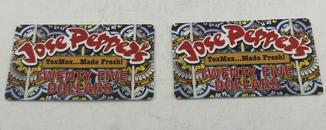 LOT OF 2 JOSE PEPPER'S/CACTUS GRILL TEXMEX MADE FRESH $25 GIFT CARDS ($50 TOTAL)