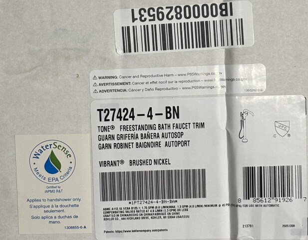KOHLER T27424-4-BN TONE FREESTANDING BATH FAUCET TRIM VIBRANT BRUSHED NICKEL