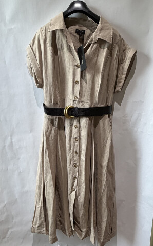 DONNA KARAN WOMEN'S LINEN BLEND BELTED MIDI SHIRTDRESS BEIGE 10746915 SZ 14