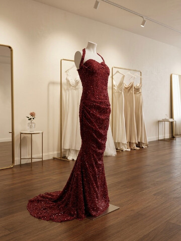 BARLINA BURGUNDY HIGH NECK PUFF SLEEVE GOWN WITH ATTACHED BOW TRAIN SIZE 6