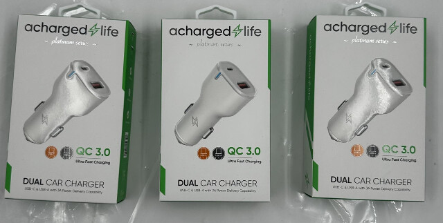 LOT OF THREE A CHARGED LIFE CL205 DUAL USB-A/ USB-C PORT 20W PD CAR CHARGER