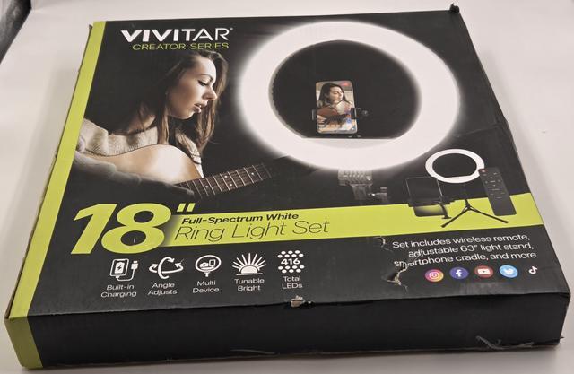 VIVITAR 18" LED RING LIGHT SET WHITE 36" TRIPOD STAND CARRYING CASE AND MOUNT