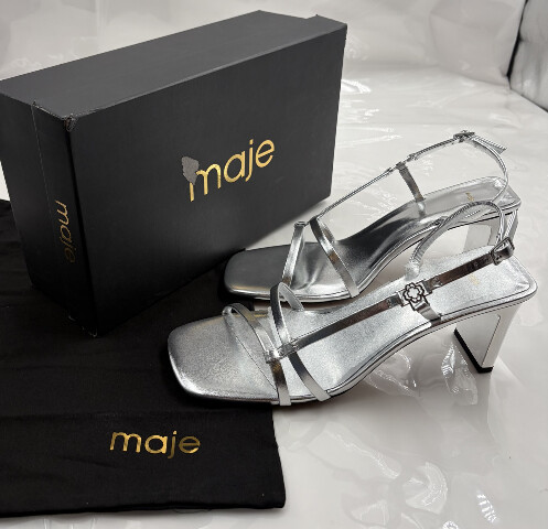 MAJE WOMEN'S METALLIC STRAPPY SANDALS HEEL SILVER ARGENT MFACH00789 SZ 41 US 10