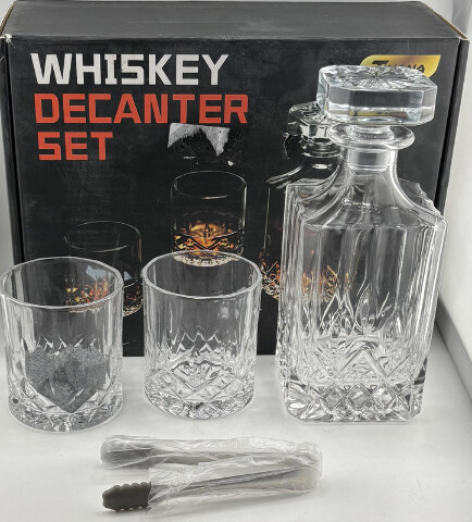 TINANA WHISKEY DECANTER SET PATTERNED CRYSTAL GLASSES WITH CLIPS AND ICE MOLD