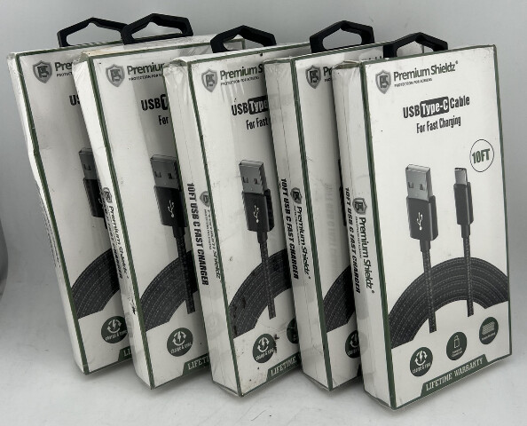 LOT OF 5 PREMIUM SHIELDZ USB TYPE-C CABLE FOR FAST CHARGING 10FT CABLE BLACK