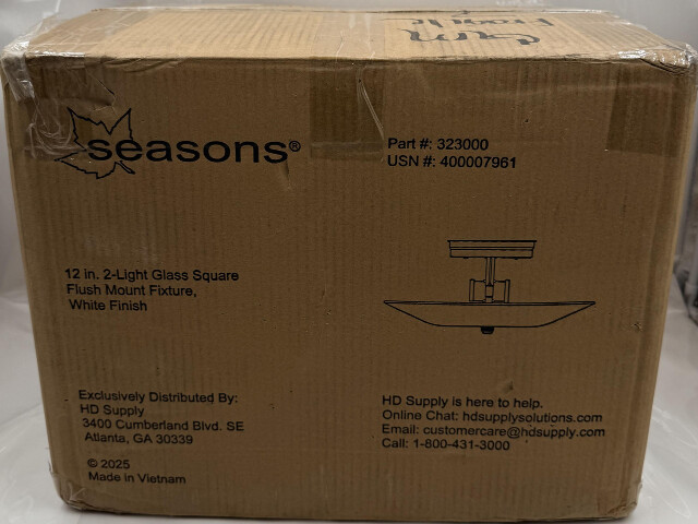 QTY 6 SEASONS 323000 12" 2-LIGHT GLASS SQUARE WHITE FINISH FLUSH MOUNT FIXTURE