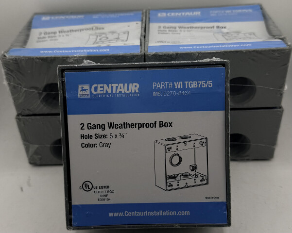 LOT OF 5 CENTAUR 0278-8464 WI TGB75/5 2 GANG WEATHERPROOF BOX 5 HOLE 3/4" GRAY