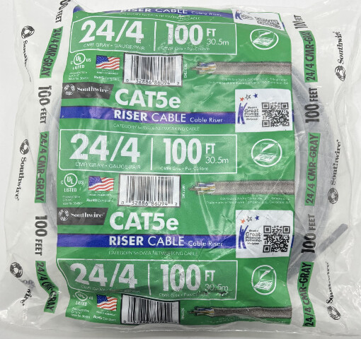 SOUTHWIRE CAT5E RISER CABLE DATA NETWORKING CABLE 24/4 100FT CMR GRAY