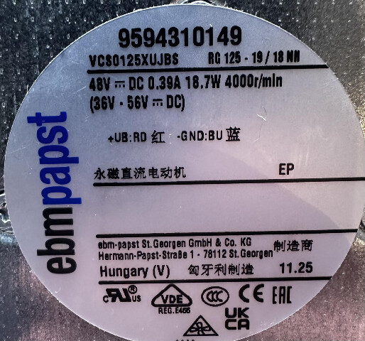 EBM-PAPST VCS0125XUJBS 9594310149 180X180X40MM 36-56VDC FLATPAK CENTRIFUGAL FAN