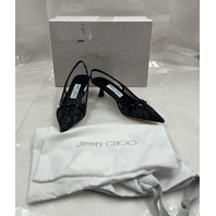 JIMMY CHOO AMITA 45 LACE AND SPAZZOLATO PUMPS BLACK HEELS SIZE 6.5 EU 36.5