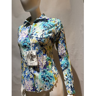 SUNDANCE BLUE FLORAL CRINKLE SHIRT LONG SLEEVE 111102 SIZE PXXS PETITE XX SMALL