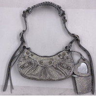 BALENCIAGA LE CAGOLE XS WOMENS LEATHER BUCKLE SHOULDER BAG W/RHINESTONES IN GREY