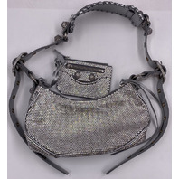 BALENCIAGA LE CAGOLE XS WOMENS LEATHER BUCKLE SHOULDER BAG W/RHINESTONES IN GREY