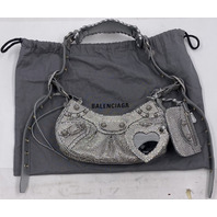 BALENCIAGA LE CAGOLE XS WOMENS LEATHER BUCKLE SHOULDER BAG W/RHINESTONES IN GREY