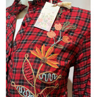 JOHNNY WAS WOMEN'S RUFFLE COLLAR BLOUSE COLOR AMAR PLAID W17425 SIZE X SMALL