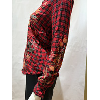 JOHNNY WAS WOMEN'S RUFFLE COLLAR BLOUSE COLOR AMAR PLAID W17425 SIZE X SMALL