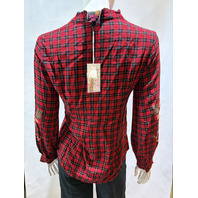 JOHNNY WAS WOMEN'S RUFFLE COLLAR BLOUSE COLOR AMAR PLAID W17425 SIZE X SMALL