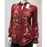 JOHNNY WAS WOMEN'S RUFFLE COLLAR BLOUSE COLOR AMAR PLAID W17425 SIZE X SMALL