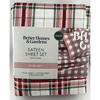 BETTER HOMES & GARDENS SATEEN QUEEN SHEET SET 300 THREAD COUNT COTTON RED PLAID
