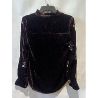 SUNDANCE WOMENS VELVET LONG SLEEVE TOP FLORAL EMBROIDERED BURGUNDY PLUM SMALL S