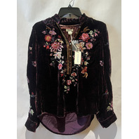 SUNDANCE WOMENS VELVET LONG SLEEVE TOP FLORAL EMBROIDERED BURGUNDY PLUM SMALL S