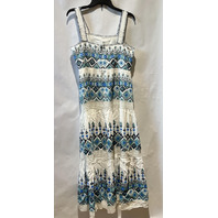 SUNDANCE GARDEN SUNSET DRESS WHITE AND BLUE BOHO MIDI EMBROIDERED DRESS SIZE 10