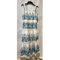 SUNDANCE GARDEN SUNSET DRESS WHITE AND BLUE BOHO MIDI EMBROIDERED DRESS SIZE 10