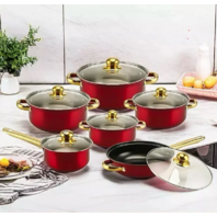 12PC STAINLESS STEEL COOKWARE SET POTS AND PANS IN RED W GOLD HANDLES BRAND NEW