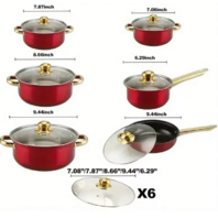 12PC STAINLESS STEEL COOKWARE SET POTS AND PANS IN RED W GOLD HANDLES BRAND NEW