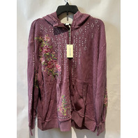 SUNDANCE JOLENE EMBRODIERED FLROAL ZIP UP HOODIE PURPLE WAFFLE KNIT BOHO SIZE XL