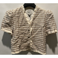 REFORMATION WOMENS BESS LINEN DUNE CHECK SHORT SLEEVE BLOUSE XS 1315368DUK0XS