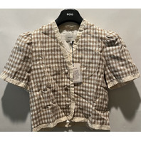 REFORMATION WOMENS BESS LINEN DUNE CHECK SHORT SLEEVE BLOUSE S 1315368DUK00S