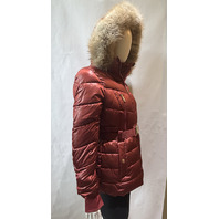 MICHAEL KORS WOMEN'S FAUX FUR TRIM BELTED PUFFER JACKET COLOR CHERRY SIZE XS