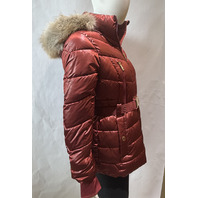 MICHAEL KORS WOMEN'S FAUX FUR TRIM BELTED PUFFER JACKET COLOR CHERRY SIZE XS