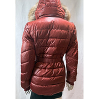 MICHAEL KORS WOMEN'S FAUX FUR TRIM BELTED PUFFER JACKET COLOR CHERRY SIZE XS