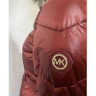 MICHAEL KORS WOMEN'S FAUX FUR TRIM BELTED PUFFER JACKET COLOR CHERRY SIZE XS