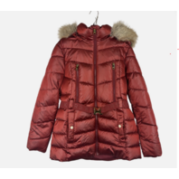 MICHAEL KORS WOMEN'S FAUX FUR TRIM BELTED PUFFER JACKET COLOR CHERRY SIZE XS