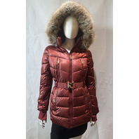 MICHAEL KORS WOMEN'S FAUX FUR TRIM BELTED PUFFER JACKET COLOR CHERRY SIZE XS