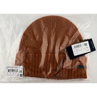 HUGO BOSS FATI 50495306 MENS RIB-KNIT LOGO PLAQUE VIRGIN WOOL DARK ORANGE BEANIE