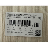 HUGO BOSS FATI 50495306 MENS RIB-KNIT LOGO PLAQUE VIRGIN WOOL WHITE BEANIE HAT