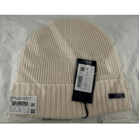 HUGO BOSS FATI 50495306 MENS RIB-KNIT LOGO PLAQUE VIRGIN WOOL WHITE BEANIE HAT