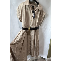DONNA KARAN WOMEN'S LINEN BLEND BELTED MIDI SHIRTDRESS BEIGE 10746915 SZ 14