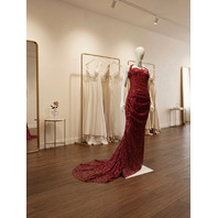 BARLINA BURGUNDY HIGH NECK PUFF SLEEVE GOWN WITH ATTACHED BOW TRAIN SIZE 6