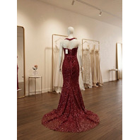 BARLINA BURGUNDY HIGH NECK PUFF SLEEVE GOWN WITH ATTACHED BOW TRAIN SIZE 6